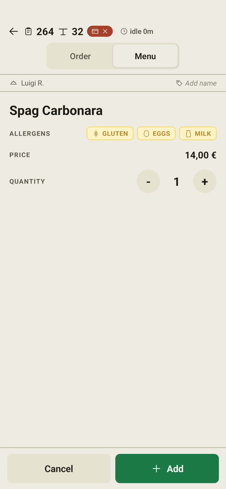 A restaurant check being split between three seats in Chequo